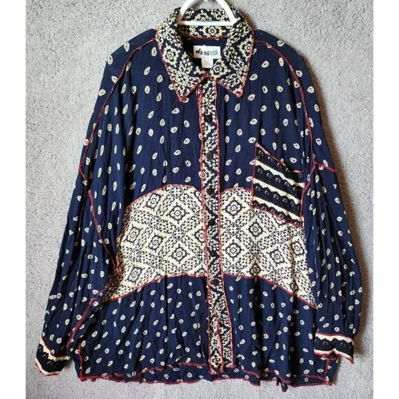 We Be Bop Women's Long Sleeve Button Up Top Multi Print Oversized Lagenlook Sz 2 - Picture 1 of 11